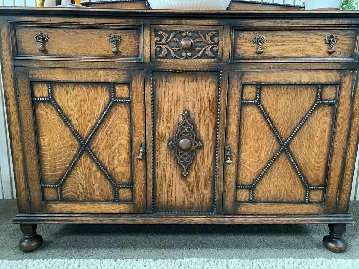 Antique 1920s Jacobean Revival Carved Oak Sideboard Geometric Buffet Cabinet