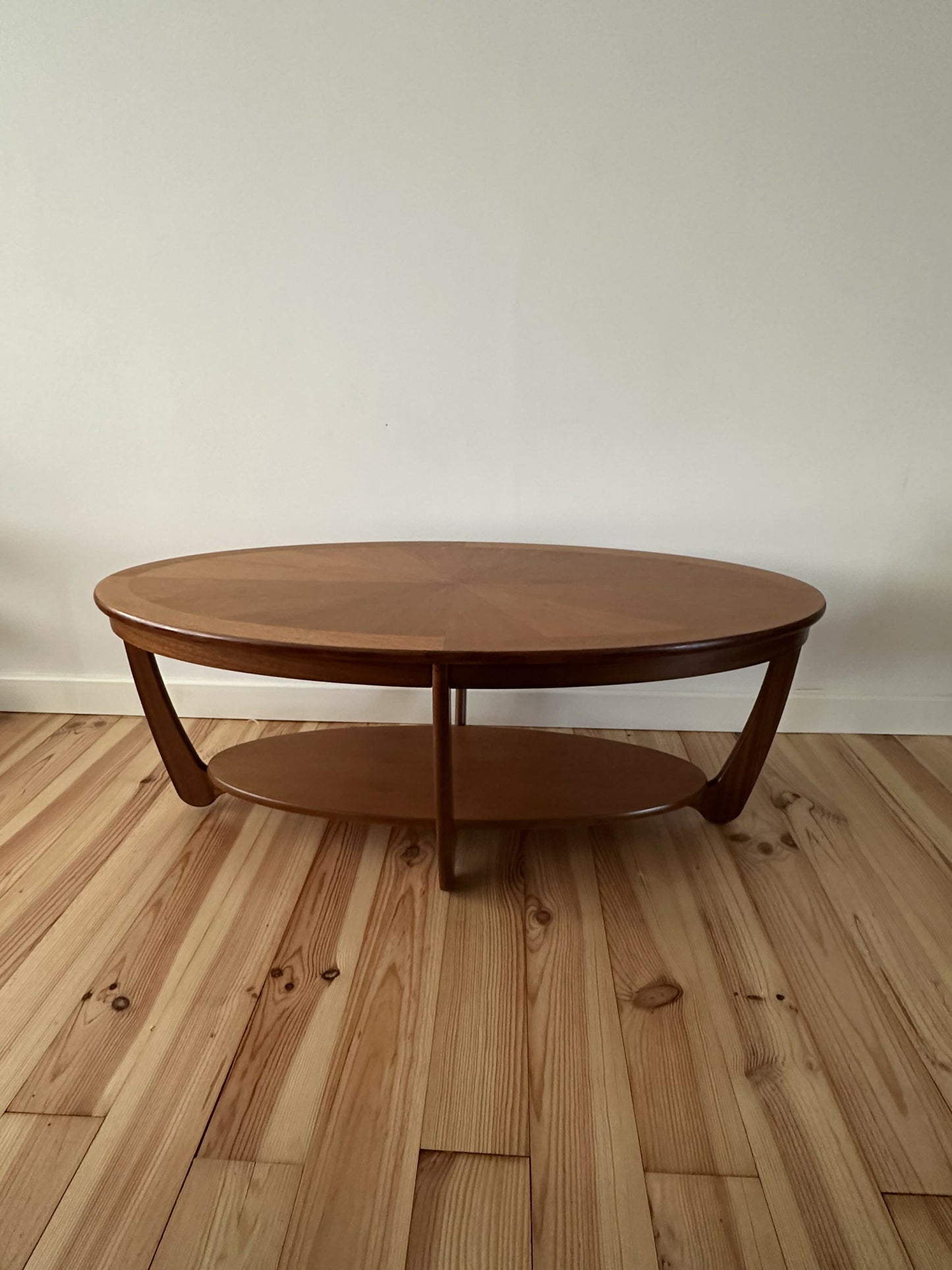 Mid Century Teak Coffee Table Nathan Oval Sunburst Top