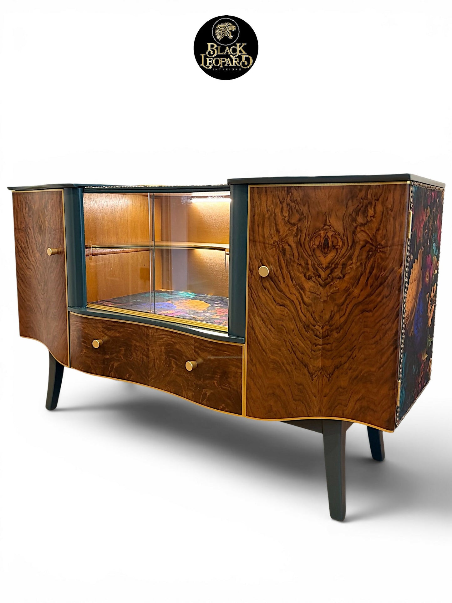 Luxury Art Deco Sideboard | Green Floral Solid Wood | Vintage Refurbished Bespoke Furniture