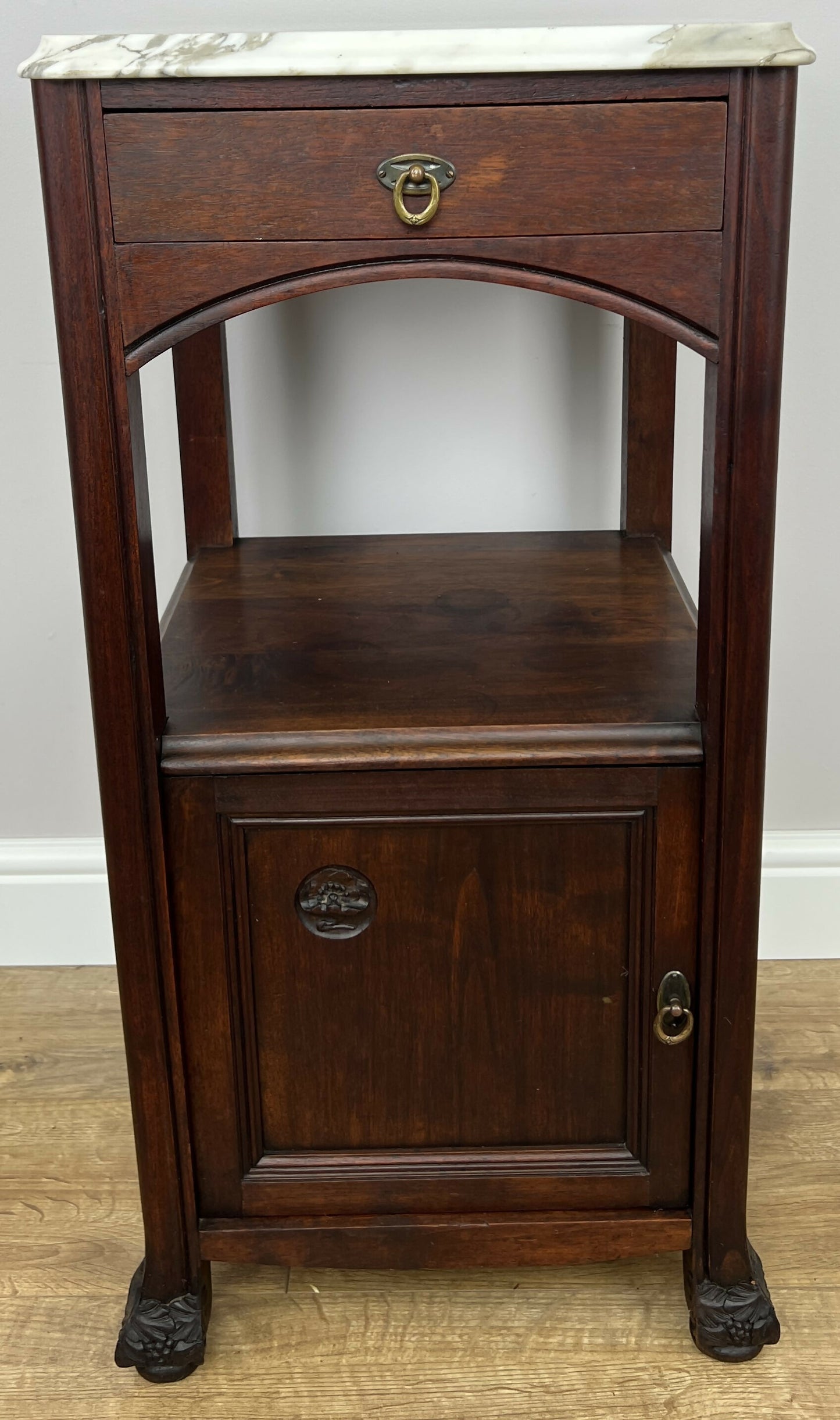 Bedside Table Antique French Style Marble Top Walnut Cabinet Nightstand LOT 6239