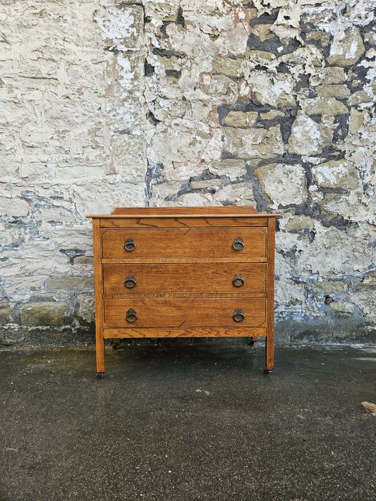 Vintage Chest Of Drawers Three Drawer Tall Oak Cabinet Super Proportions Highly Detailed
