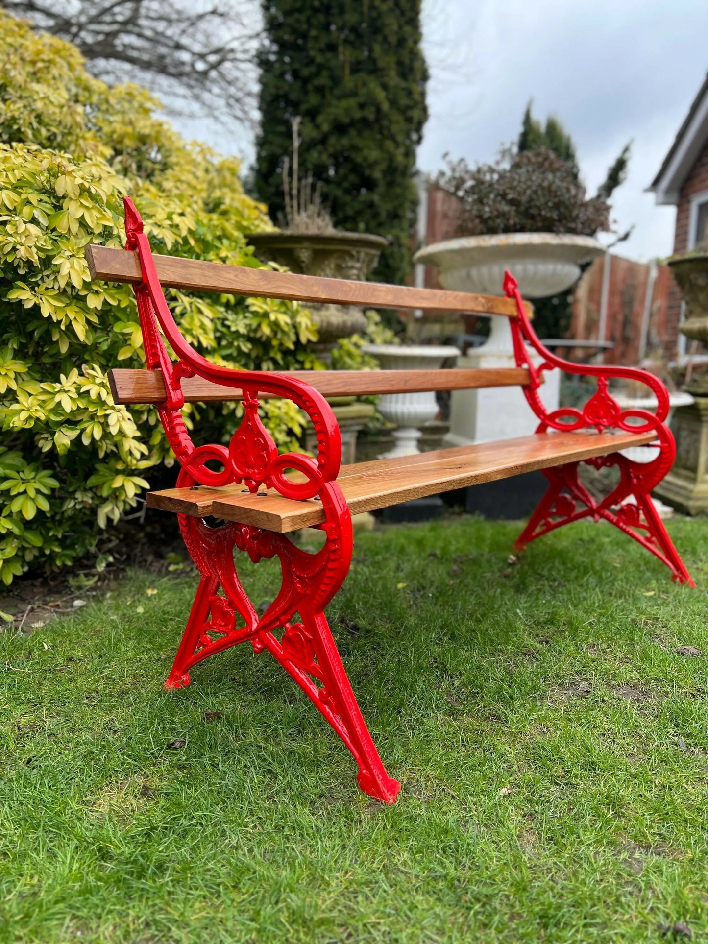 Ornate Red Garden Bench with Oak Planks