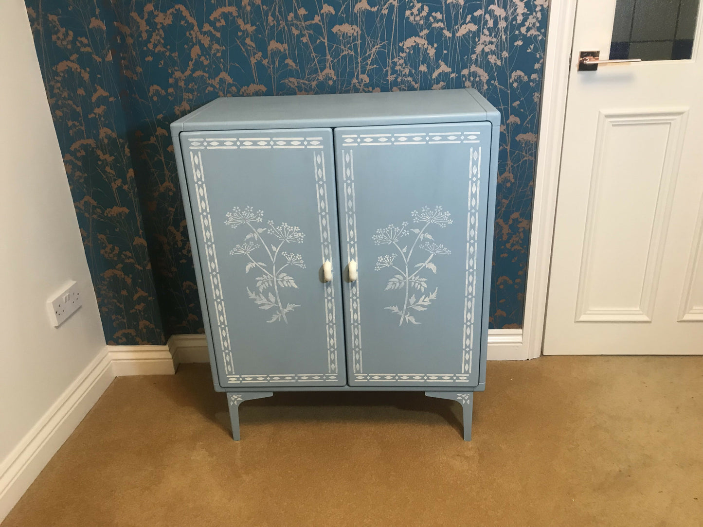 Painted Cupboard - Swedish Blue with Faux Bone Stencilling
