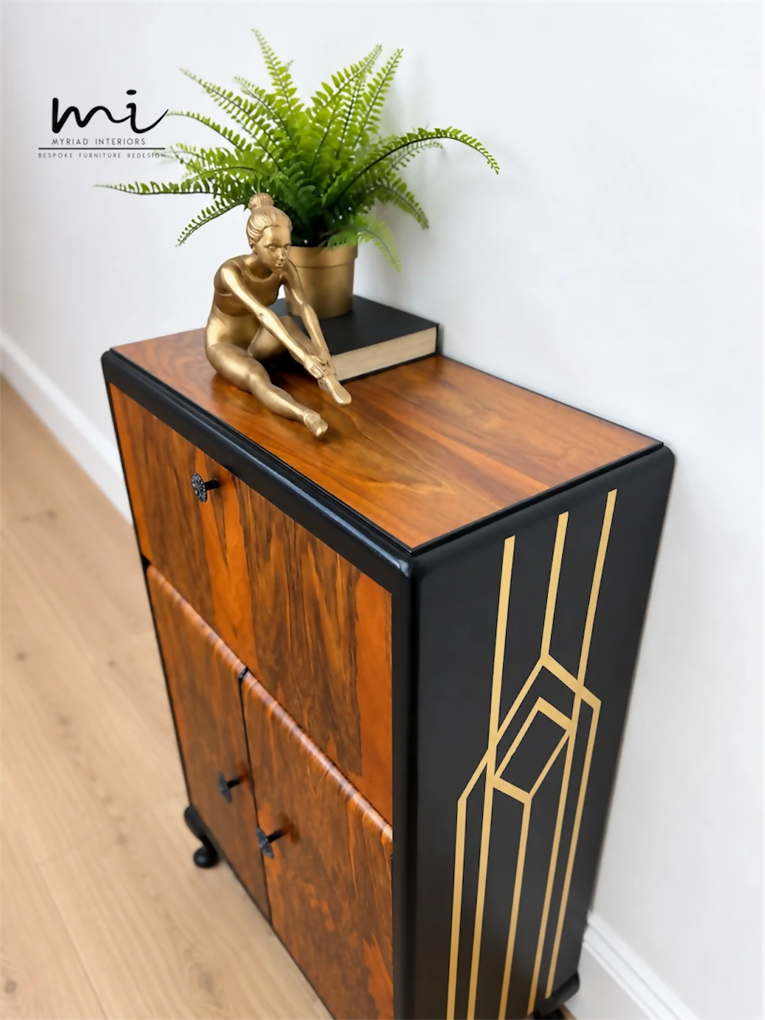Art Deco Burl Walnut Petit Cocktail Cabinet, Black and Gold, Vintage Drinks Cabinet
