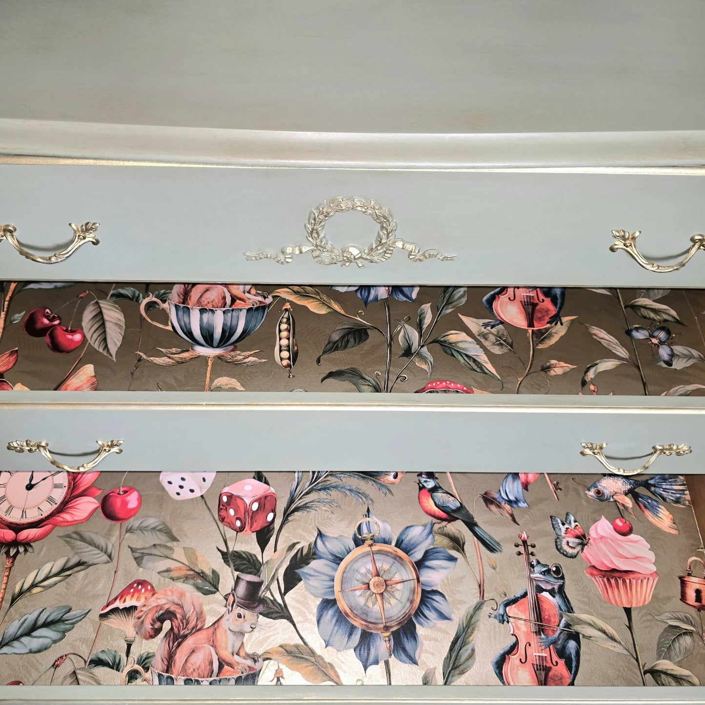 Vintage Louis Style Olympus Chest of Drawers | Upcycled in Sage Green & Gold