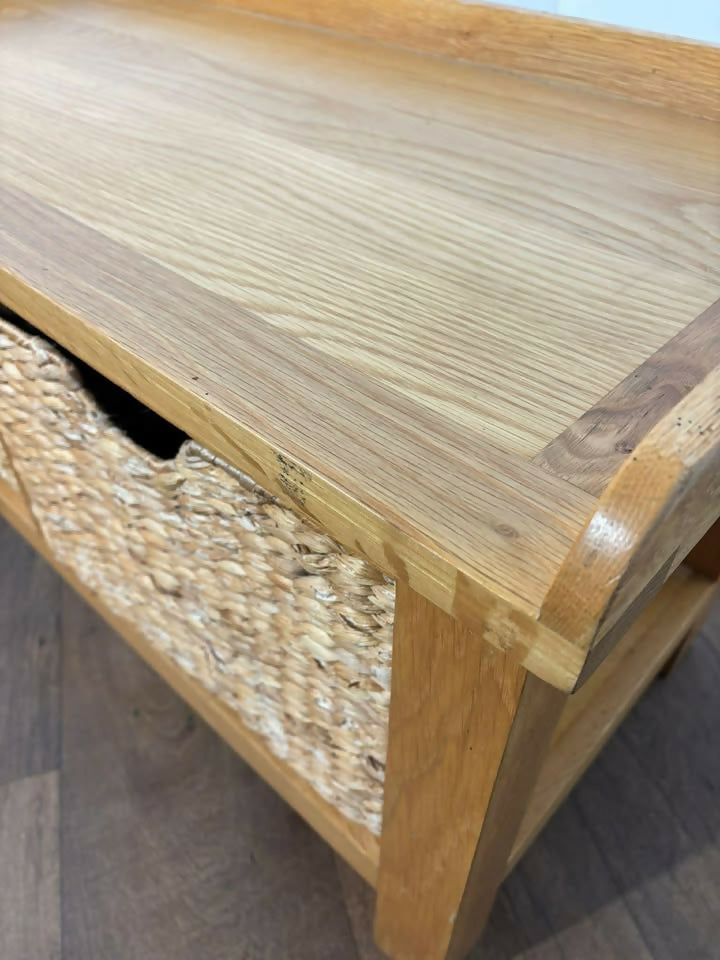 Modern Oak Storage Bench With Two Wicker Drawers