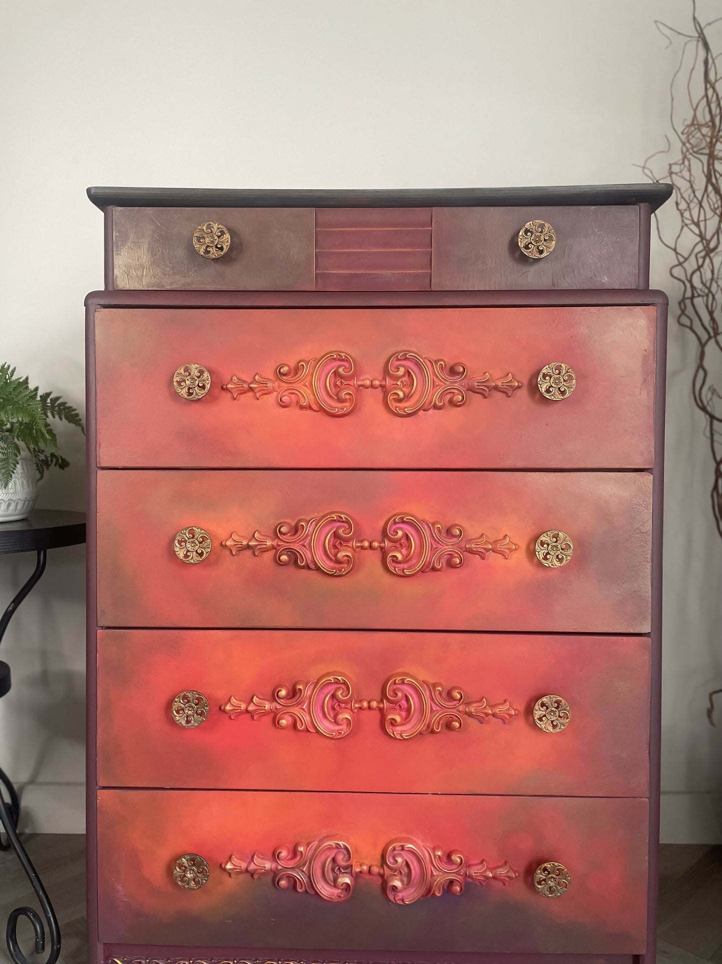 Vintage Stag Chest of Drawers Hand Painted, Red Orange