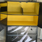 Stag Linen Press | Jet Black Gloss Cabinet with Striking Femme Artwork & Dramatic Yellow Interior