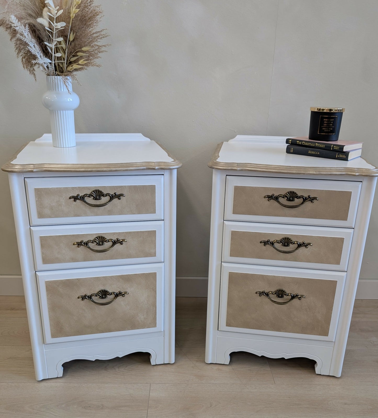 Pair of Vintage Bedside Cabinets in White with Metallic Champagne Detailing
