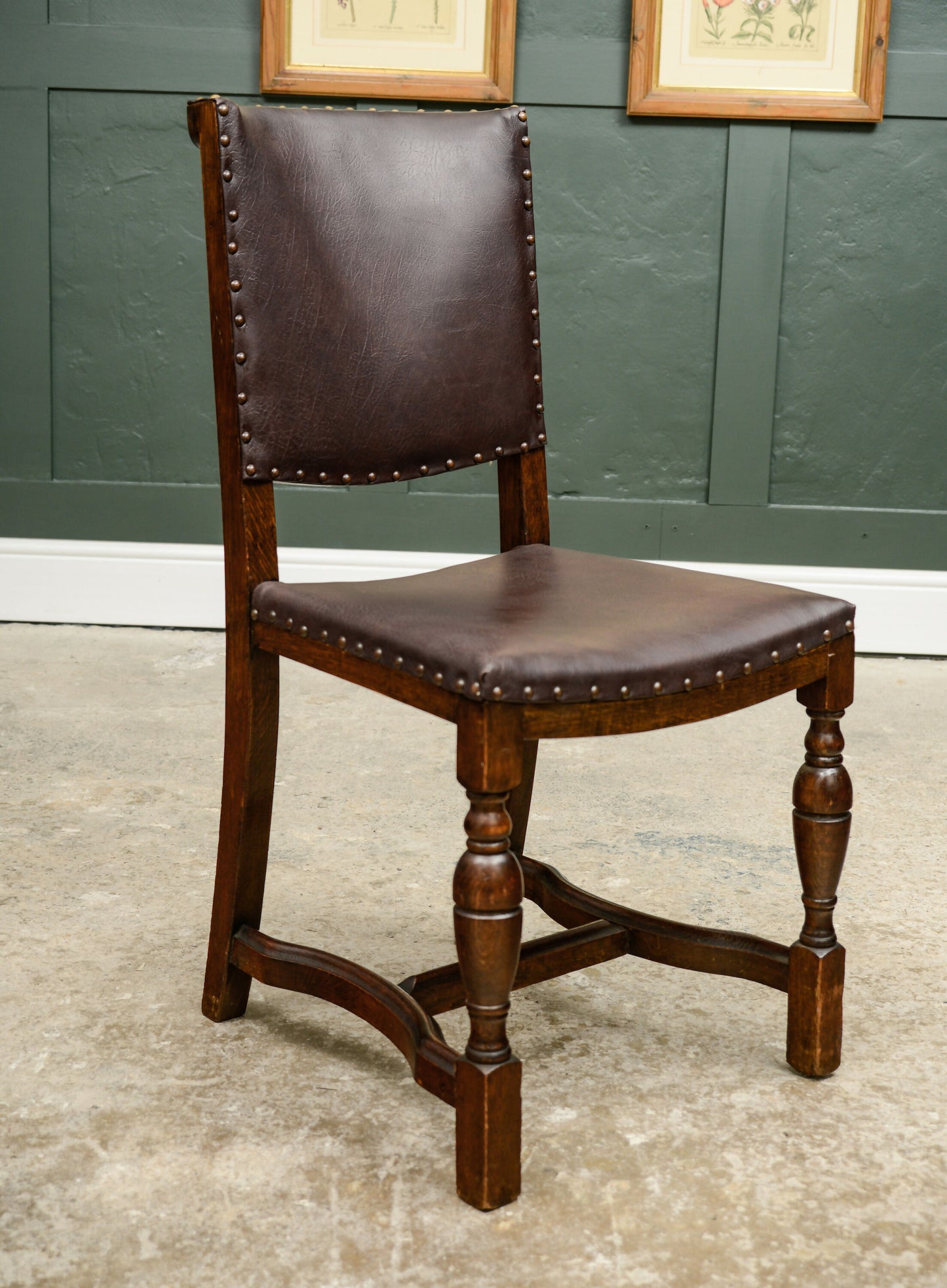 4 Oak Dining Chairs -Tudor Cromwellian Style - Burgundy Leatherette