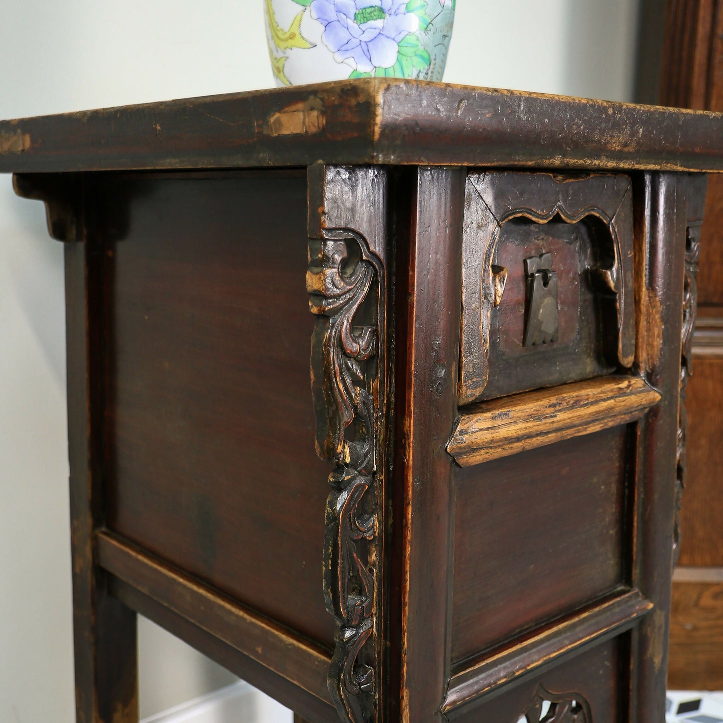 Carved Chinese Side Table Hall Table Distressed Lacquer Finish Late 19th Cent
