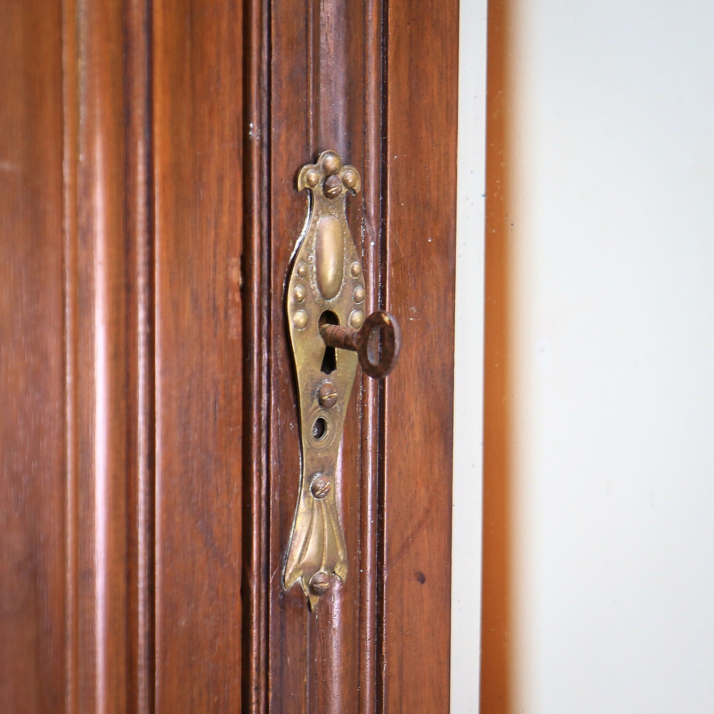 Edwardian Red Walnut Carved Wardrobe With Mirror and Drawer