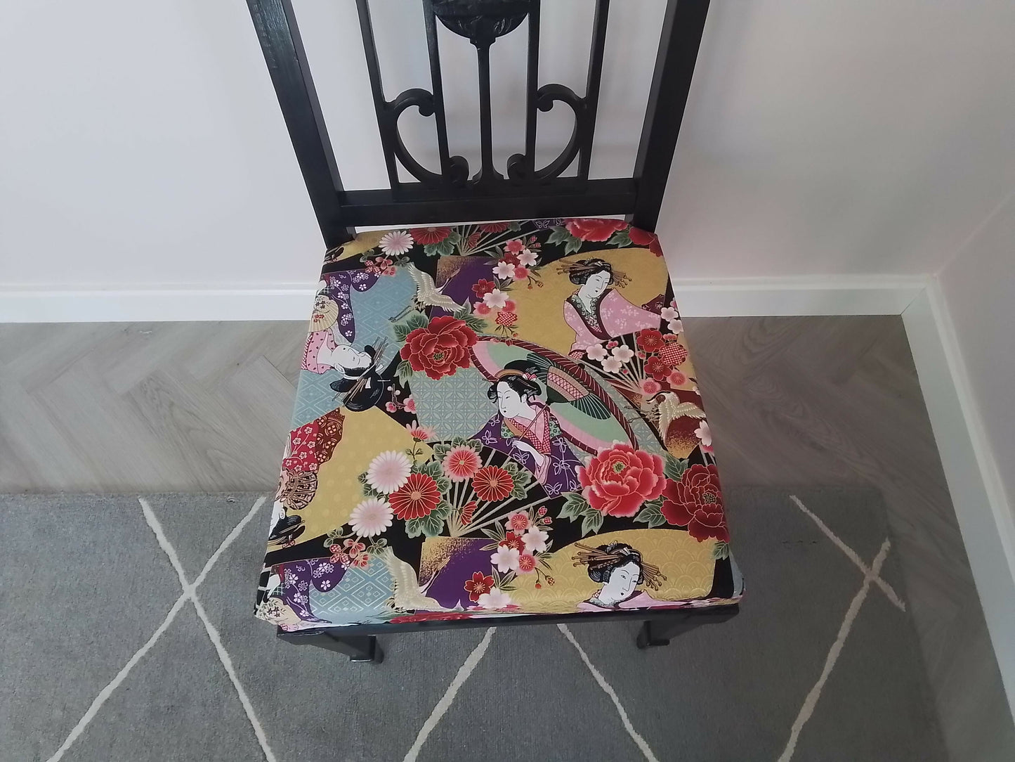 Renovated and upcycled Edwardian occasional chair with vibrant Japanese fabric
