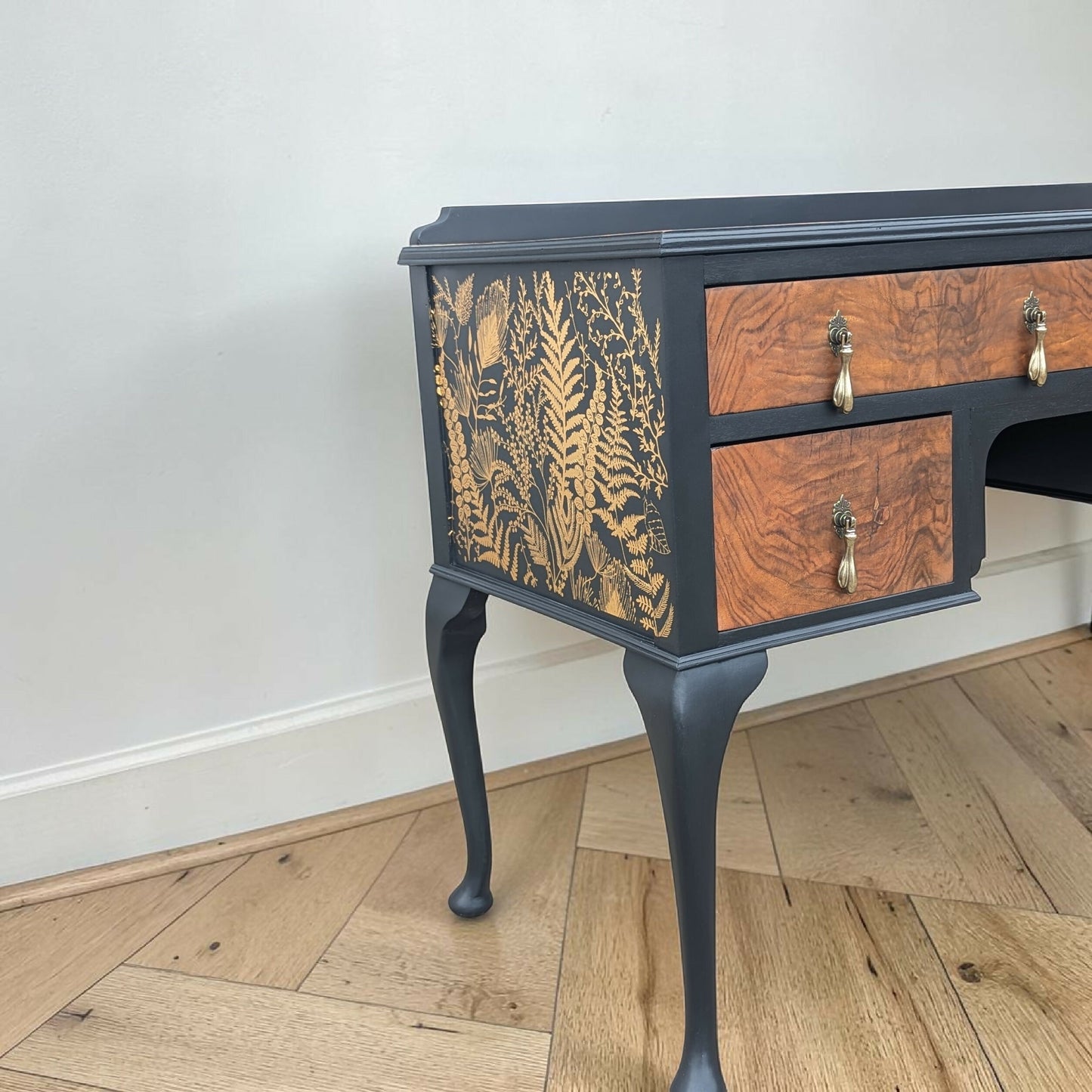 Vintage art deco black gold walnut burr wood desk dressing table