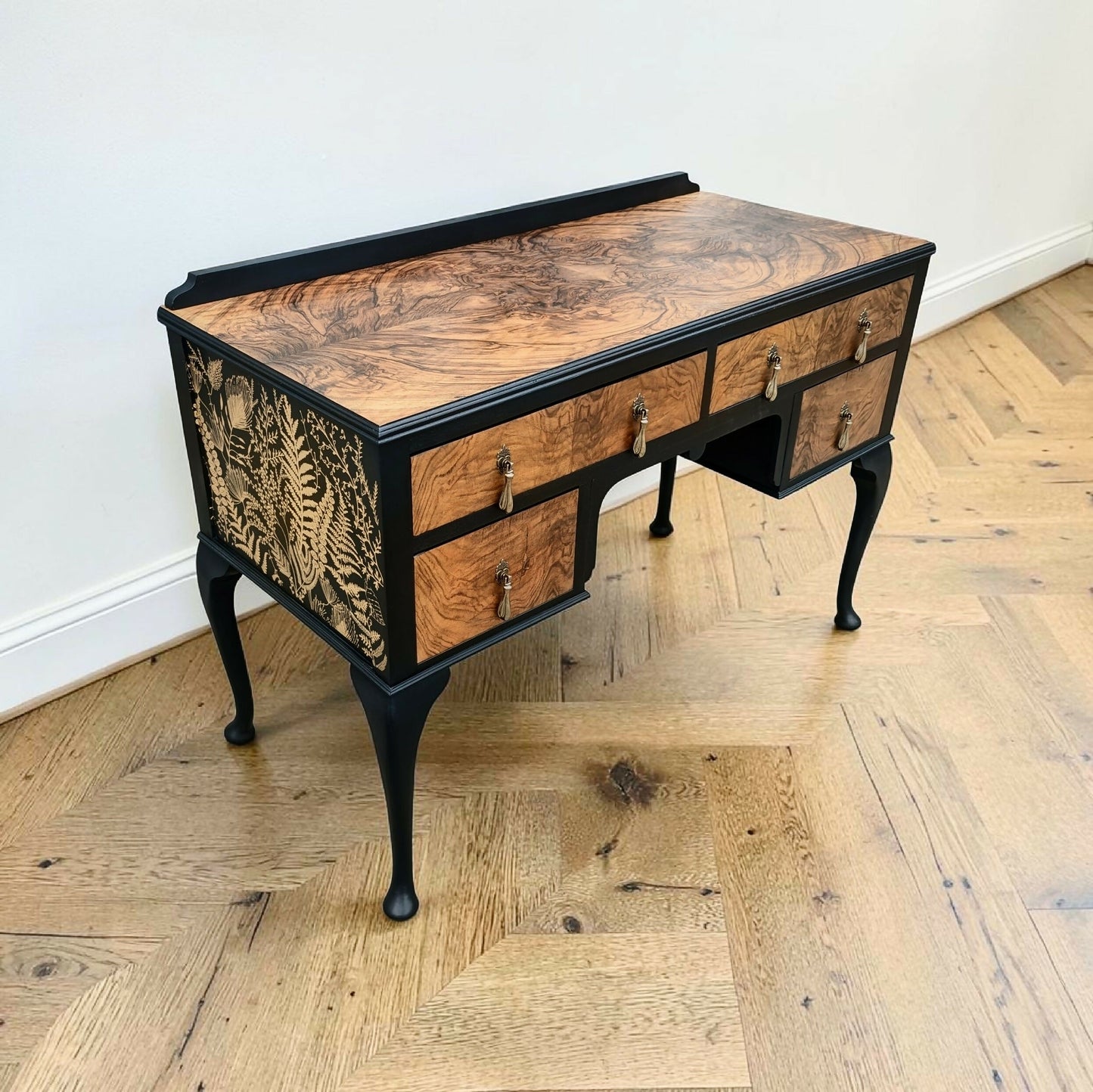 Vintage art deco black gold walnut burr wood desk dressing table
