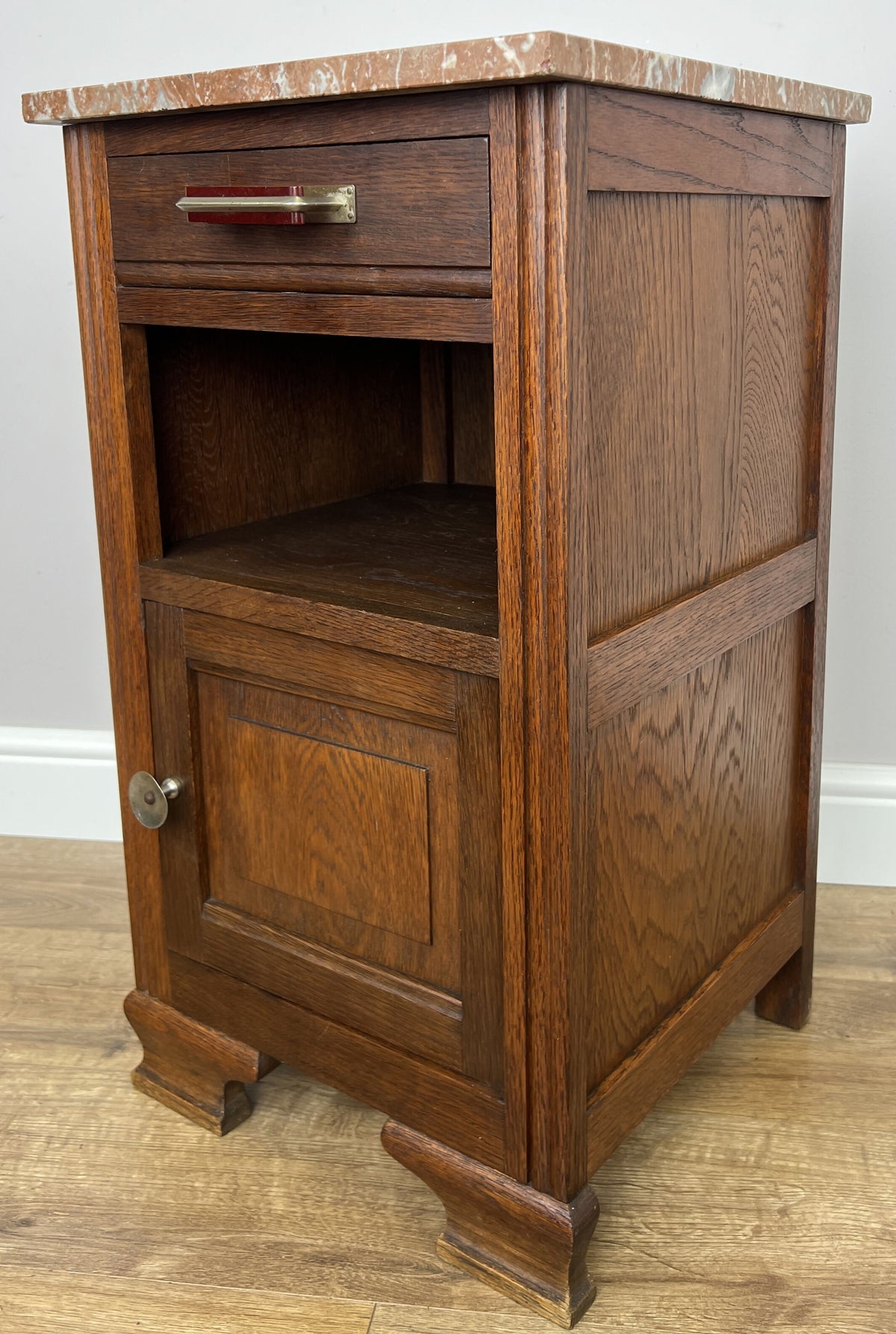 Bedside Table Antique French Style Oak Carved Marble Top Cabinet LOT 6601
