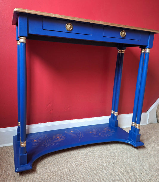 "Peacock Blues” Console Table with Drawers and Shelf