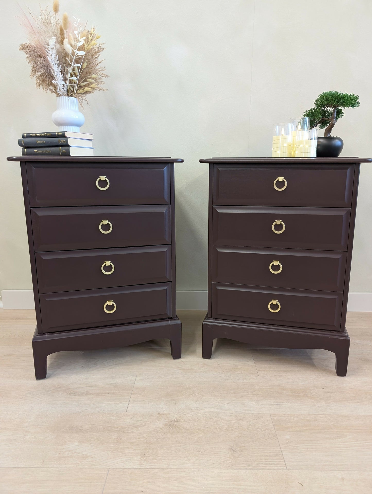 Pair of Stag Minstrel Bedside Tables Mid Century Burgundy Vintage 4 Drawer