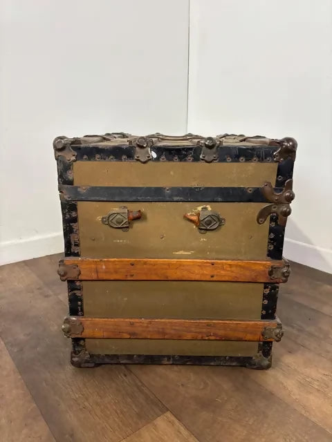 Victorian Oak Bound Travellers Trunk – Steamer Trunk with Original Travel Labels