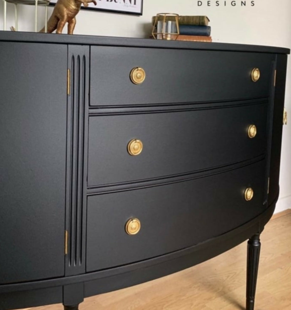 Bow Fronted Black & Gold Mahogany Sideboard