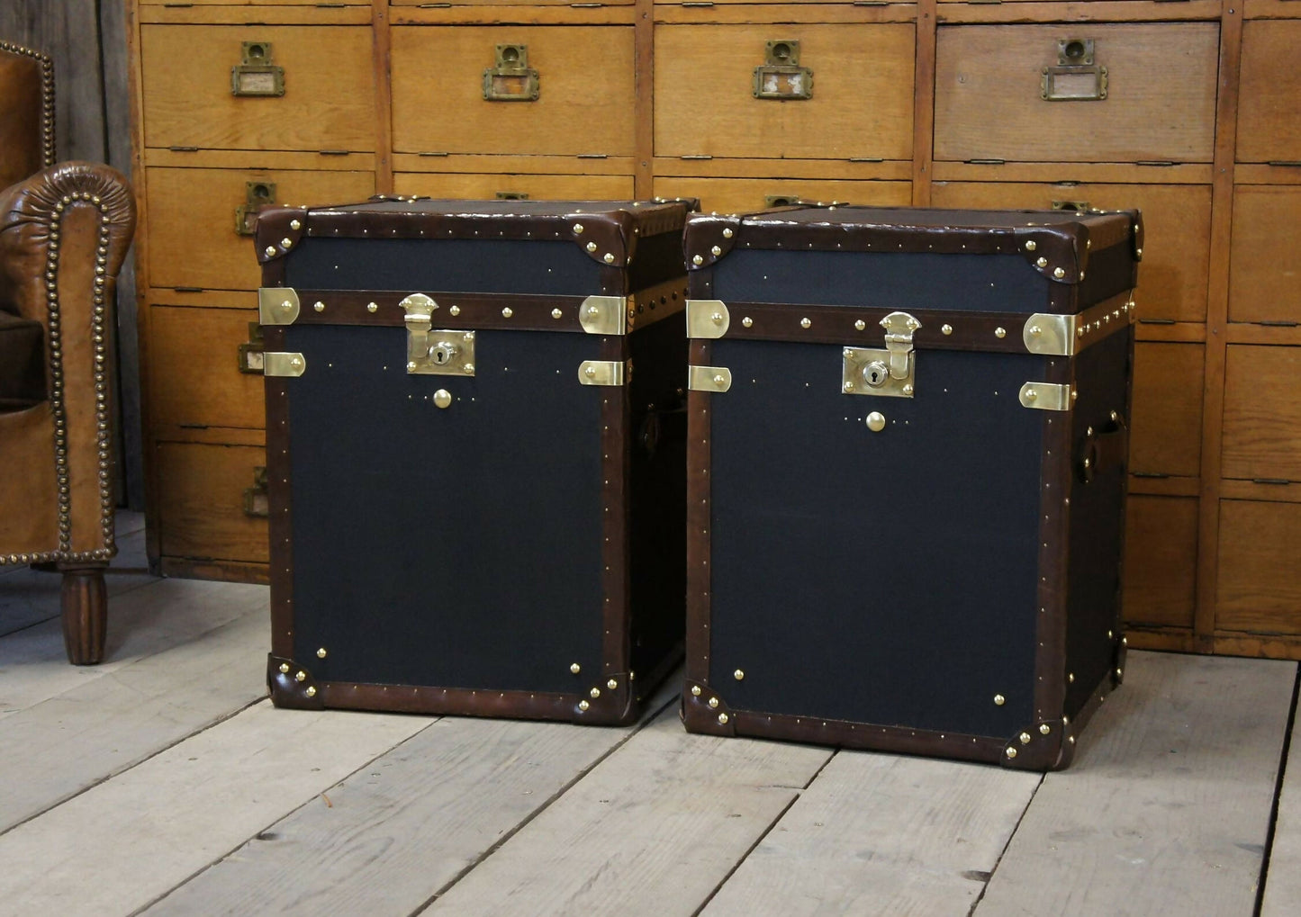 Vintage Black Millerain Handmade End tables - English bespoke storage trunks
