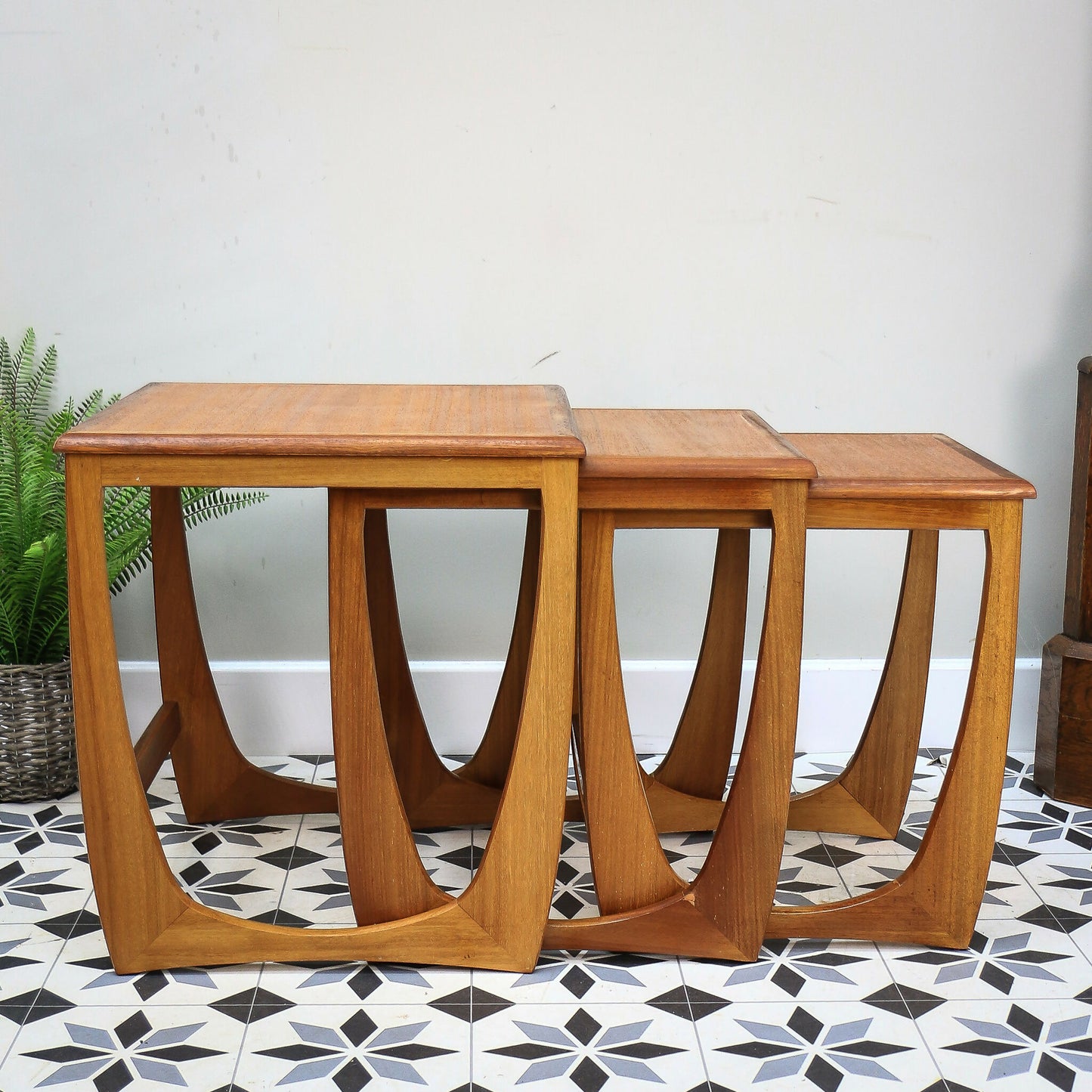 G Plan Nest of Three Tables Astro Design with Teak Tops and Teak Afromosia Legs.