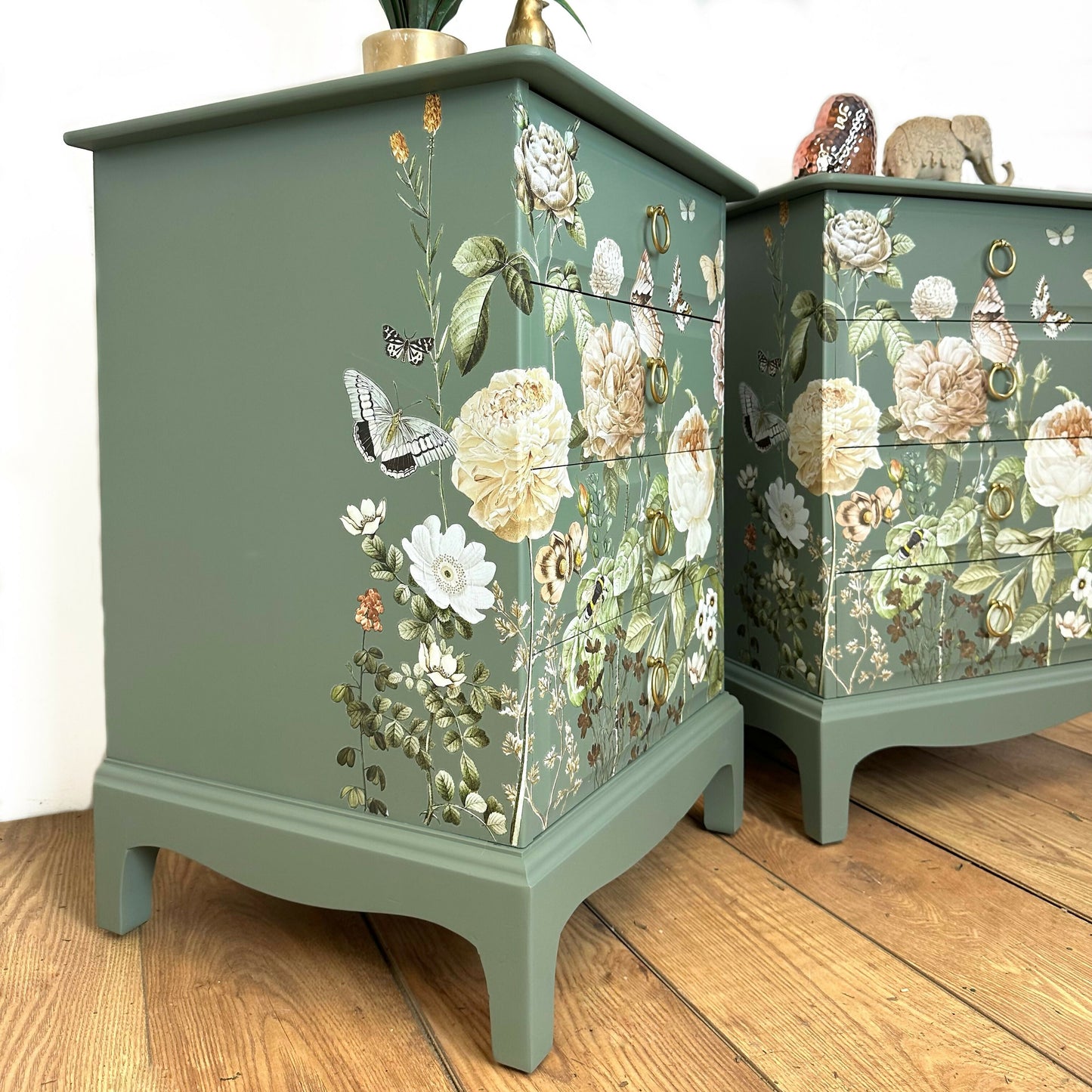 MADE TO ORDER Refurbished vintage Stag Minstrel bedside tables, dusky olive green with floral design, sage nightstands, chest of drawers Mid century