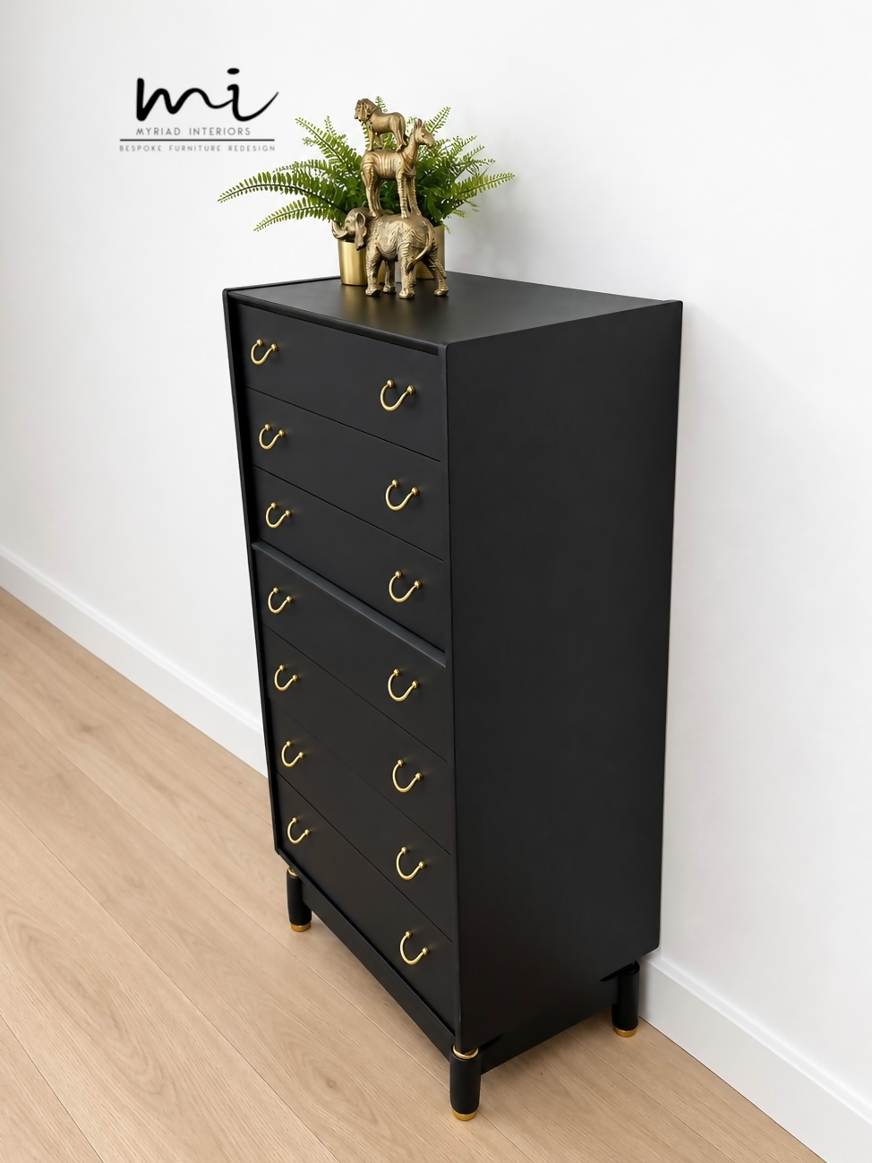 Refurbished Matte Black G Plan E Gomme tallboy chest of drawers, dresser, bedroom furniture, sideboard, brass, mid century modern, Vintage