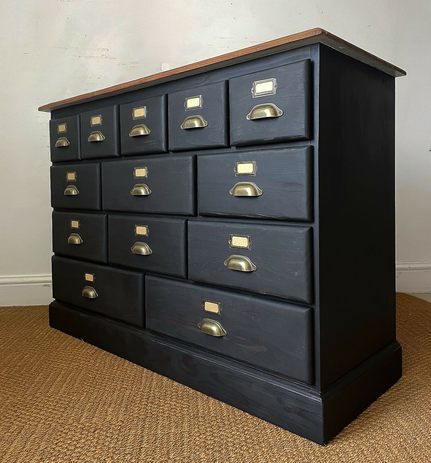 4ft Apothecary haberdashery "style" merchant bank chest of drawers sideboard Solid pine ebonized black x13 drawers