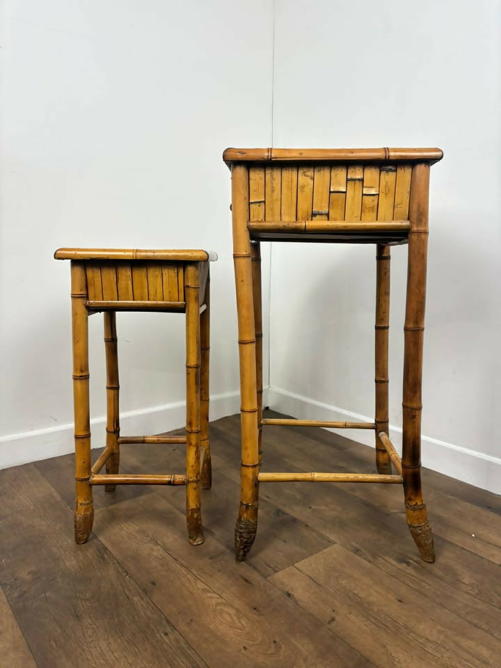 Pair of Vintage French Bamboo Side Tables with Hand-Painted Rose Detail