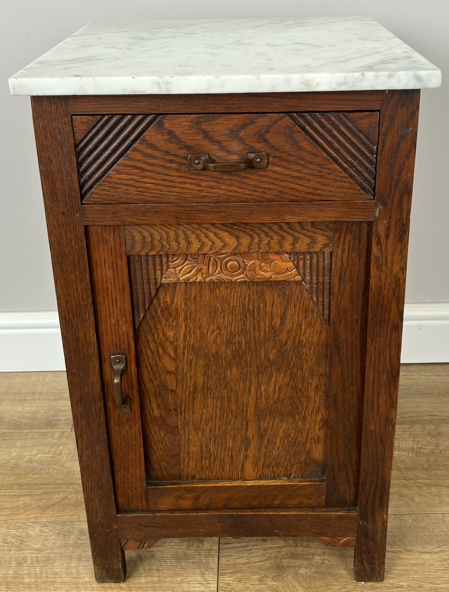 Bedside Table Antique French Marble Top Oak Cabinet Carved Cupboard LOT 6200