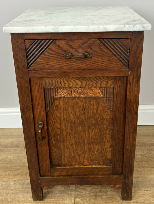 Bedside Table Antique French Marble Top Oak Cabinet Carved Cupboard LOT 6200