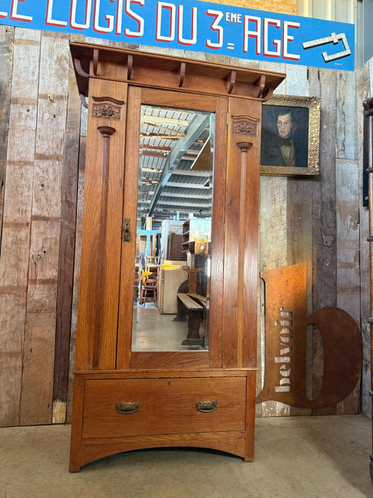 Antique Oak Art Nouveau Arts Crafts Mirrored Wardrobe, Shapland Petter, c1900