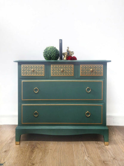 Green stag oversize bedside table, chest of drawers , green furniture. Modern, bedside cabinet