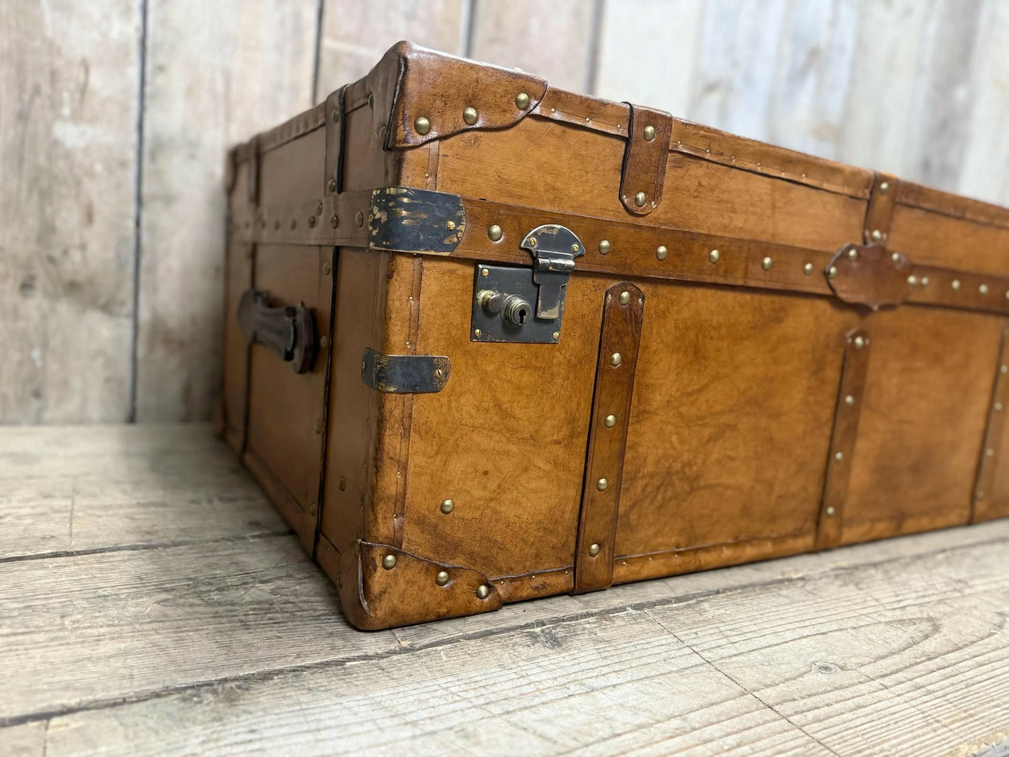 luxury tan leather coffee table trunk.