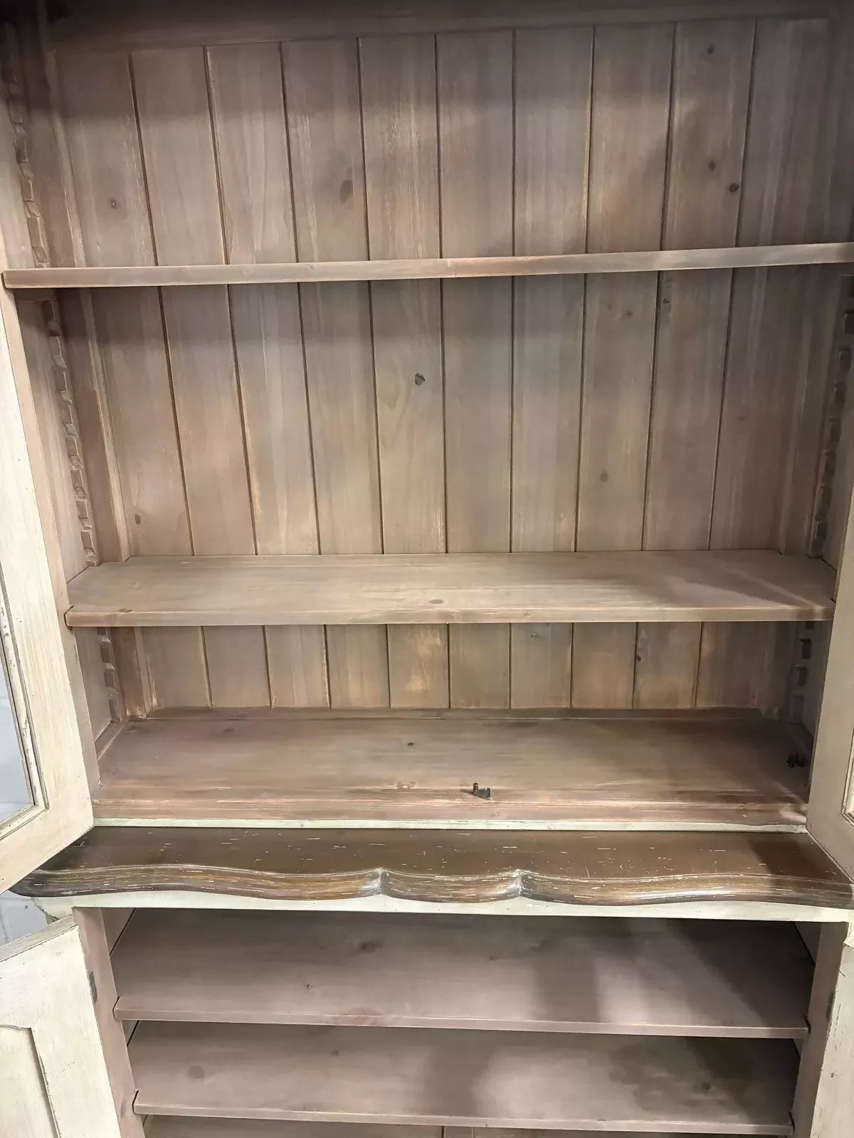 Vintage French Painted Pine display cabinet Glazed doors carving shelves cabrio