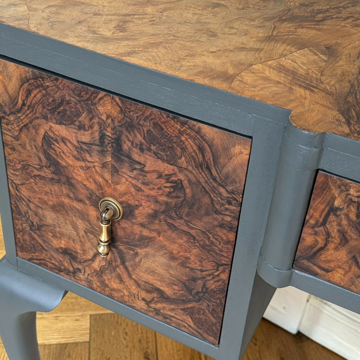 Vintage Art Deco dark green Walnut Burr Wood Desk Writing Table