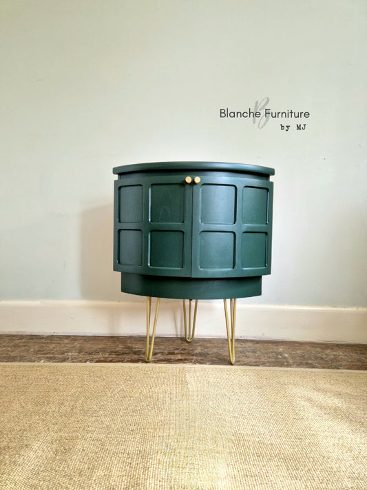 Nathan Mid Century Low Curved Corner Drinks Cabinet in Emerald Green on Gold hairpin Legs