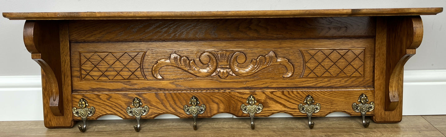 Coat Rack Vintage French Oak Wall Mounted 6 Hooks Carved Rack Hanger LOT 6209