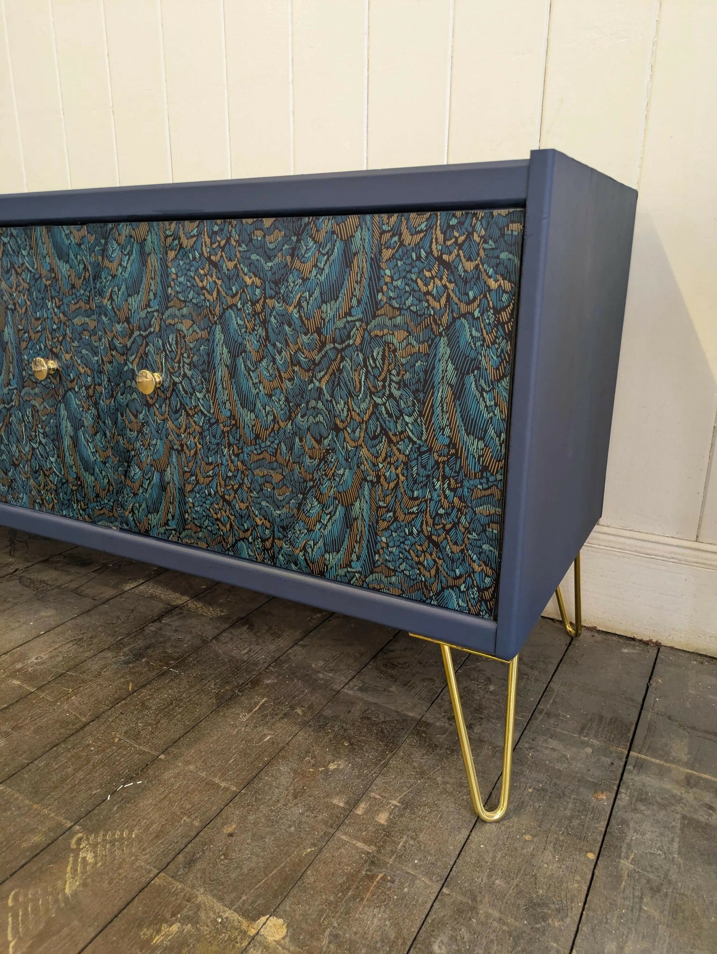 G Plan Midcentury Sideboard TV Unit Cocktail Cabinet. Upcycled Painted Blue,Teal Gold Living Room Furniture