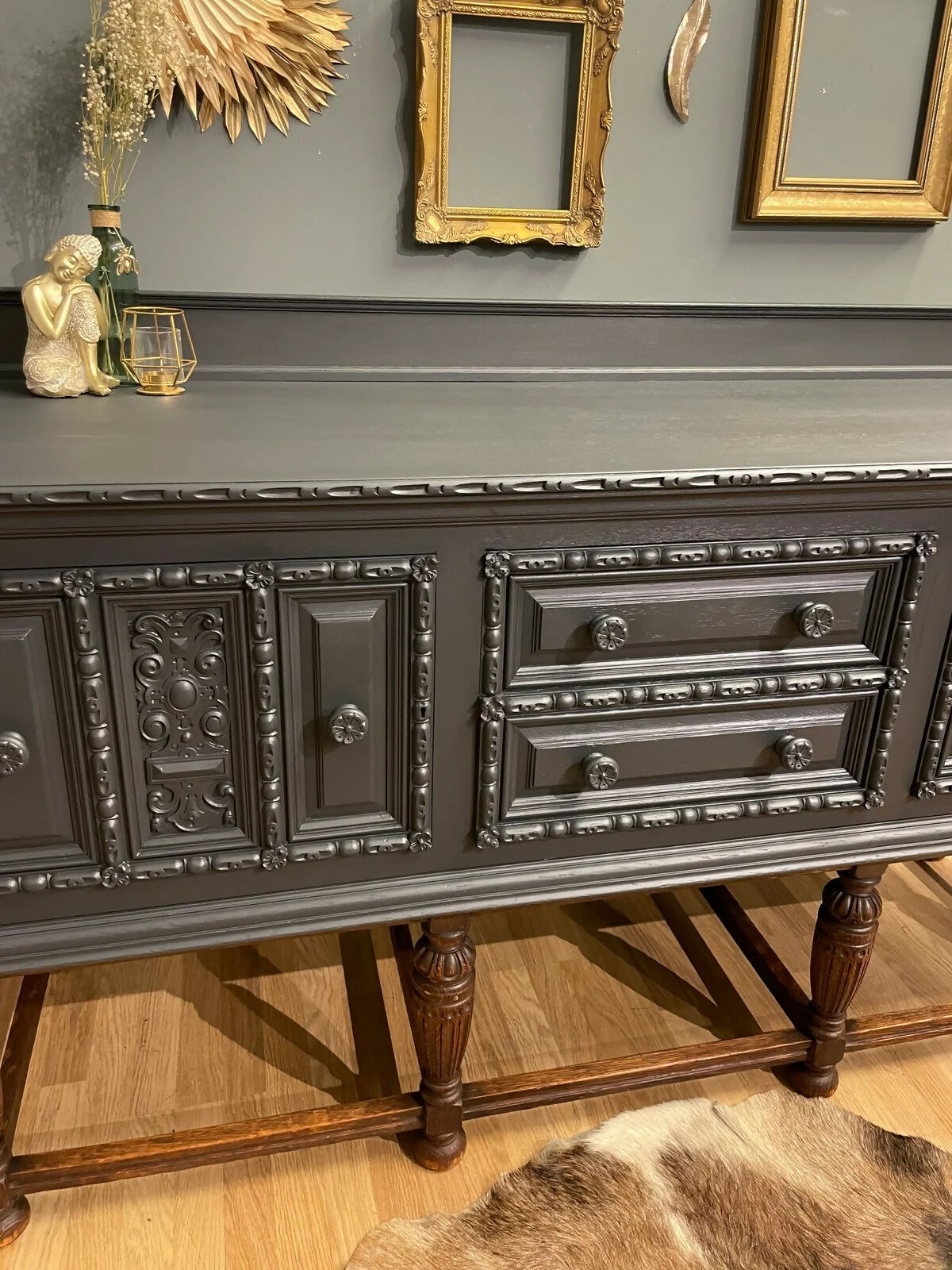 Vintage carved large dark grey & oak sideboard