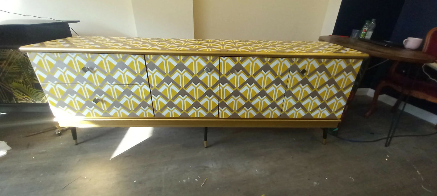 Mid century Upcycled Sideboard: Geometric Yellow Gold Print TV Unit Commission Piece.