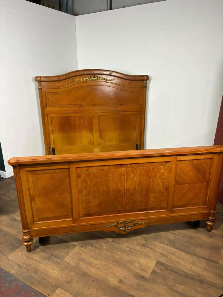 Early 20th French Style Walnut Veneered Bed Frame - 6ft Bed Frame With Gilt Metal