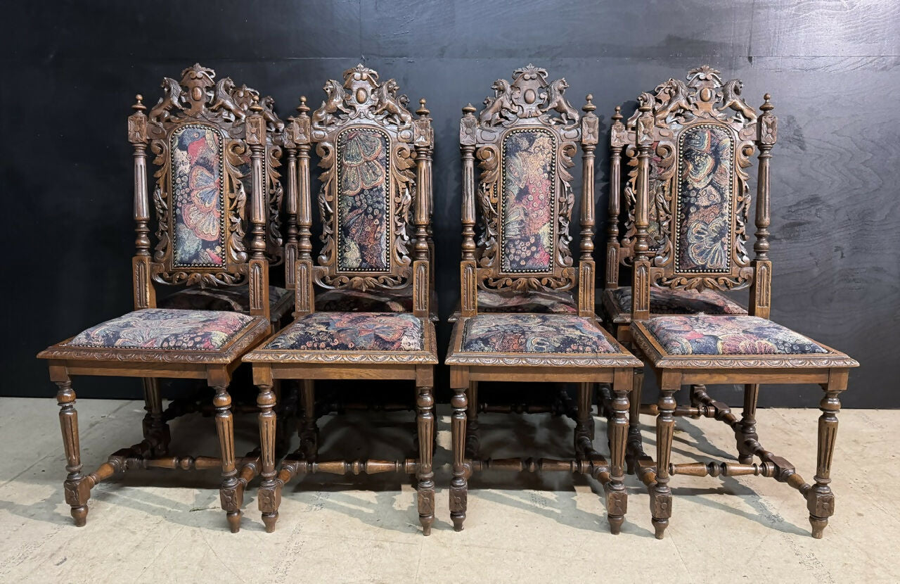 Set 8 French Carved Oak Dining Chairs
