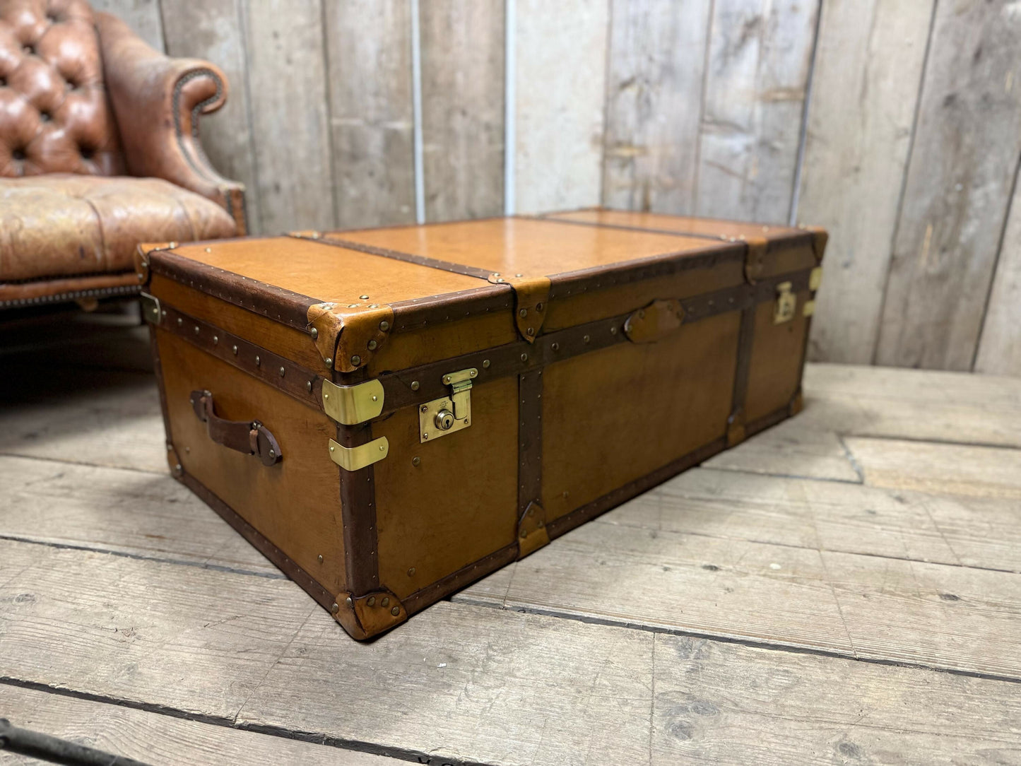 XL Tan Leather English Coffee Table Trunk
