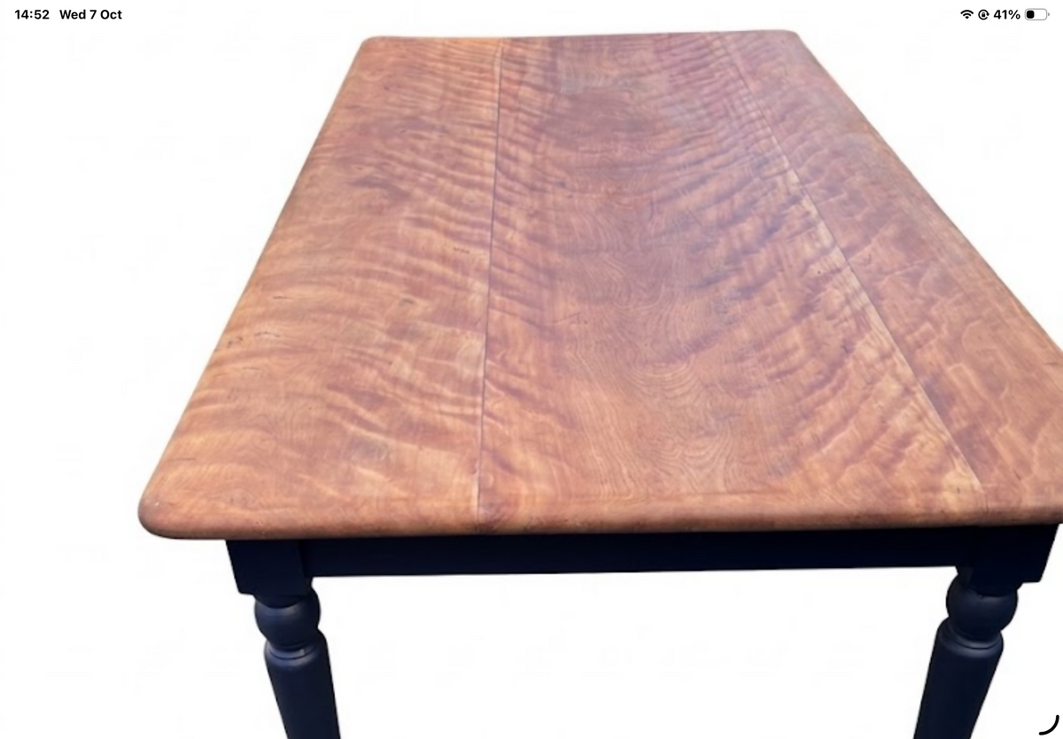 Bespoke Country Farmhouse 6-Seater Dining Table with Solid Curly Maple Top and Deep Blue Turned Legs