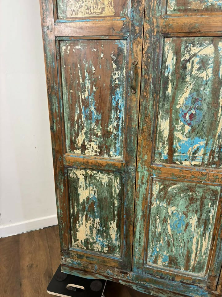 Large Vintage Rustic Indian Triple Door Cupboard in Distressed Blue
