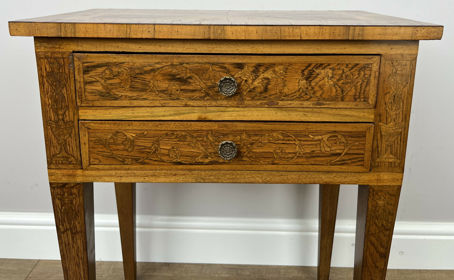Bedside Table Vintage French Style Inlaid Burr Cabinet Carved Cupboard LOT 6289