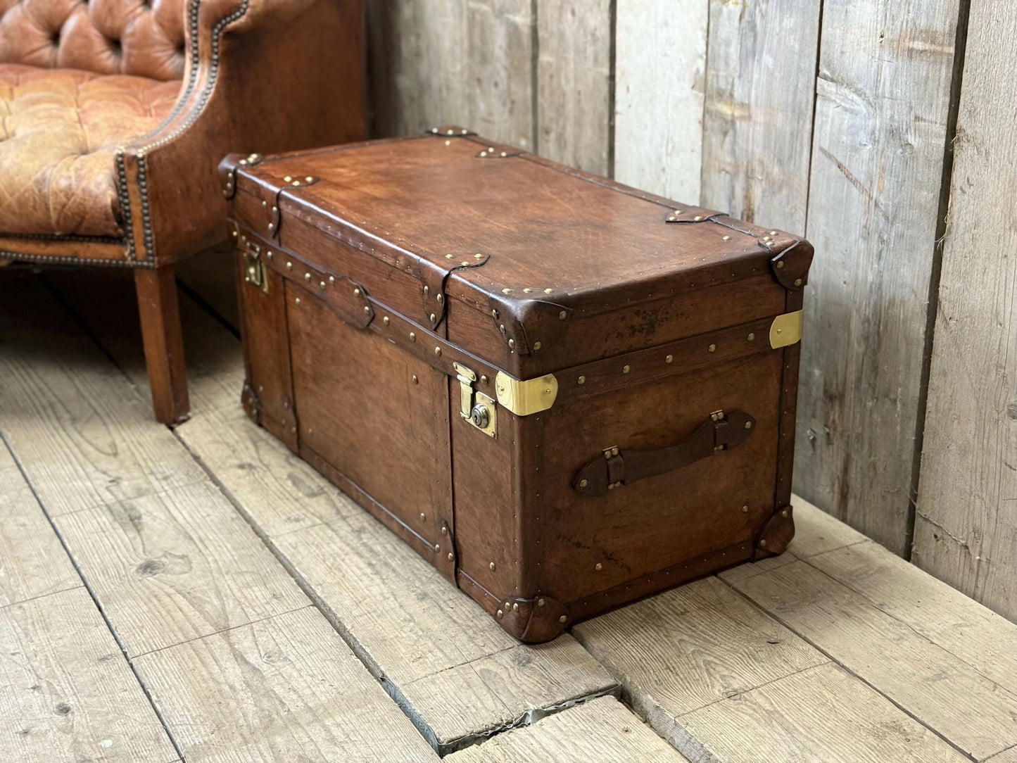 Luxury Hand dyed medium oak leather storage trunk