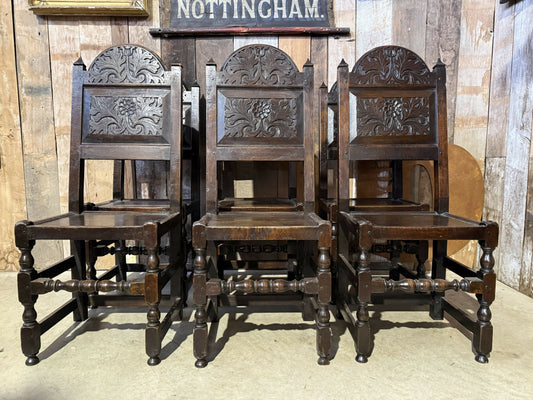 Antique Set Six 6 Oak Cromwellian Revival High Back Carved Edwardian Dining Chairs, c1920